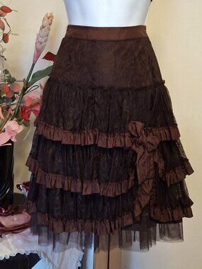 New Brown Tiered Ruffle A-Line Flared Swing Lined Lace Skirt High Quality 10